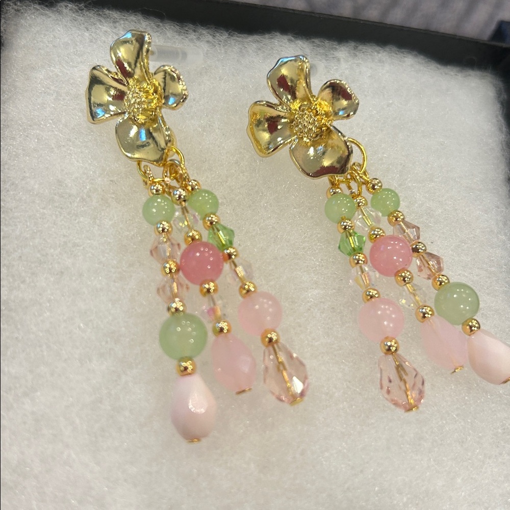 Pink & Green Pastel Crystals with Semi Precious Beaded Earrings-NWT